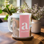 Modern monogram with 5 Photo Collage - Coral Coffee Mug<br><div class="desc">A modern design with a bold monogram and a 5 photo collage. Personalise this coffee mug with a monogram and your favourite friend photos or photos of the grandkids. If you need to adjust the pictures or monograms,  click on the customise tool to make changes.</div>