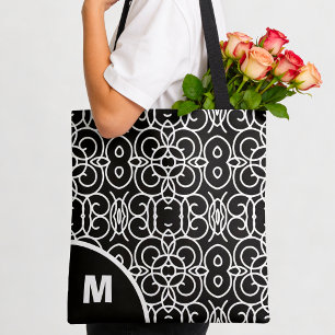 Modern Monogram With Geometric Loop Pattern Tote Bag