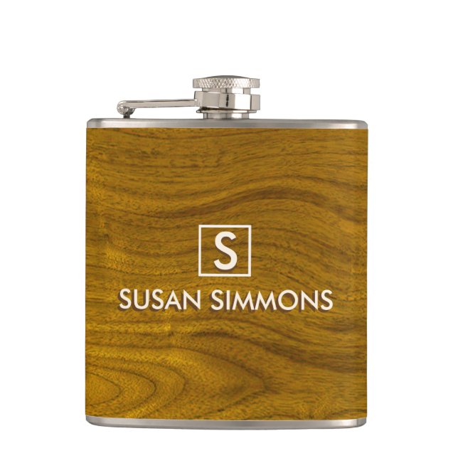 Modern Monogram with Name on Wood Hip Flask (Front)