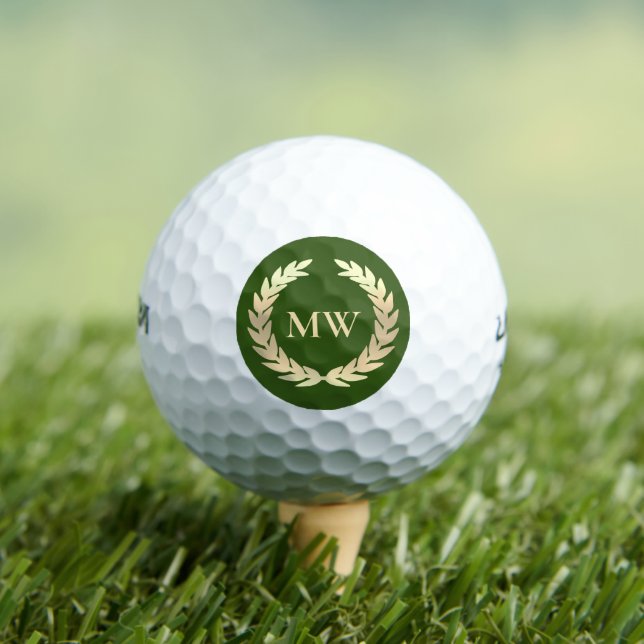 Modern Monogram Wreath Custom Name Golf Gold Green Golf Balls (Insitu Tee)