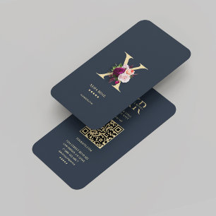 Modern Monogram X Floral Dark Blue Gold  Business Card