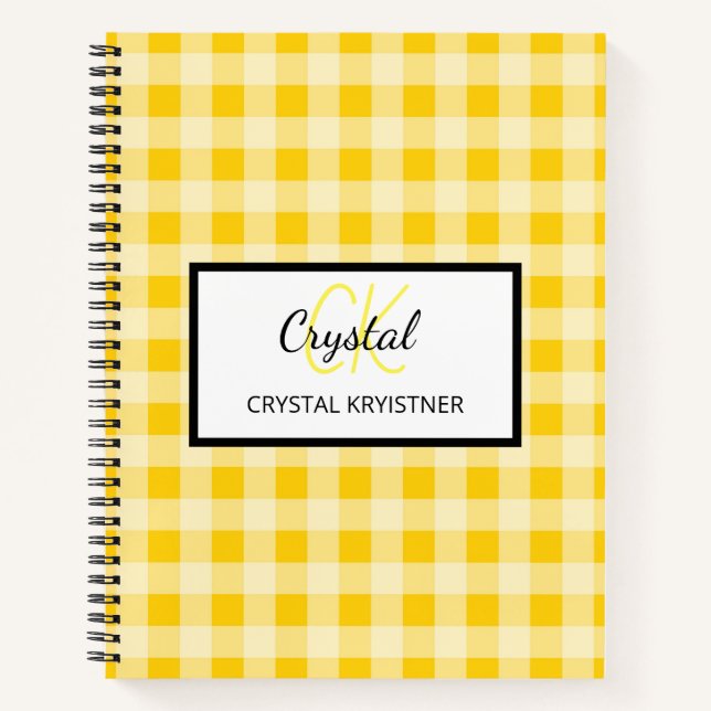 Modern Monogram Yellow Plaid Notebook (Front)