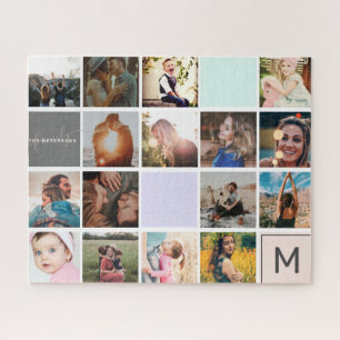 Modern monogram your family 16 photo collage grid jigsaw puzzle