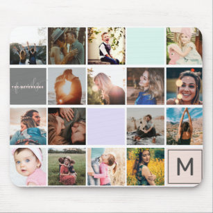 Modern monogram your family 16 photo collage grid mouse mat