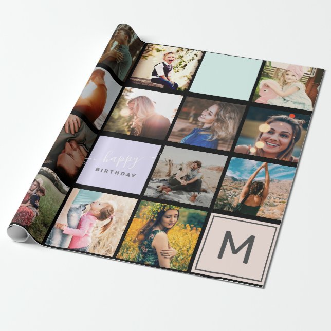 Modern monogram your family 16 photo collage grid  wrapping paper (Unrolled)