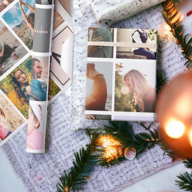 Modern monogram your family 16 photo collage grid wrapping paper (Modern monogram your family 16 photo collage grid wrapping paper)