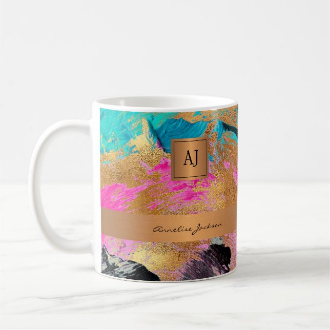 Modern monogramed gold elegant abstract strokes coffee mug (Left)