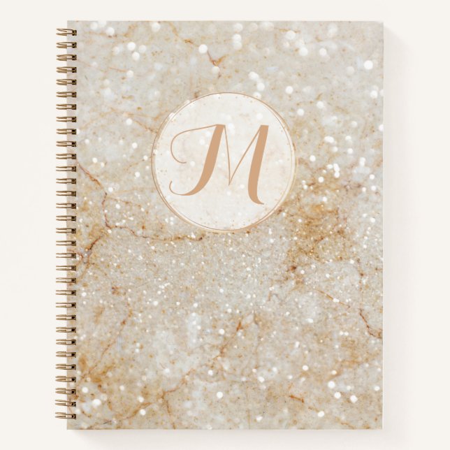 Modern Monogramed White and Gold Sparkly Notebook (Front)
