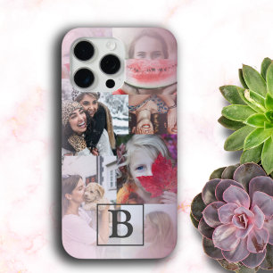 Modern Monogrammed 6 Photo Collage Blush Pink iPhone 15 Pro Max Case