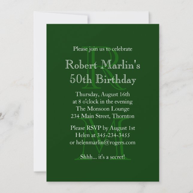 Modern Monogrammed Birthday Invitation  (green) (Front)