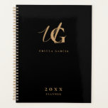 Modern Monogrammed Black and Gold Script Planner<br><div class="desc">Minimalist gold monogrammed script against a black background. Easily customise name and monogram of choice on front and back.</div>