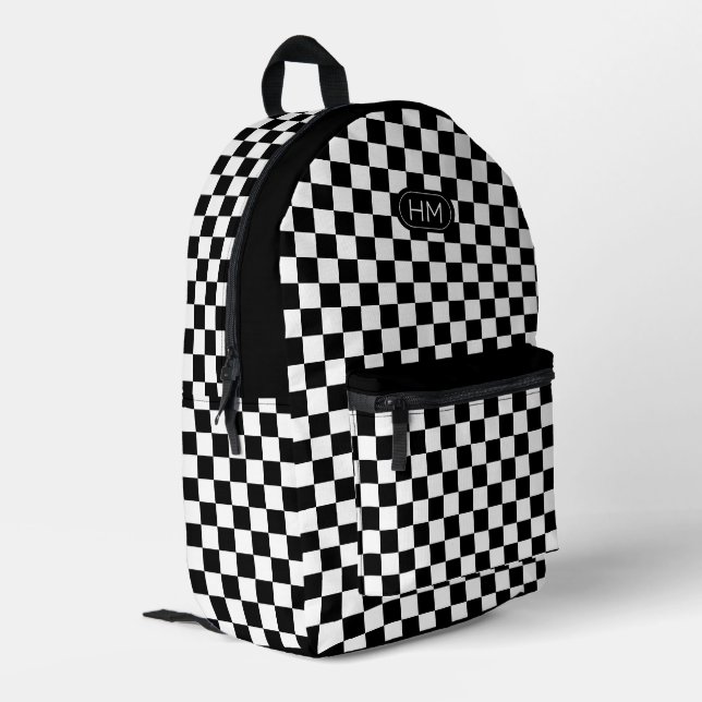 Modern Monogrammed Black and White Check Pattern Printed Backpack (Back Corner Left)