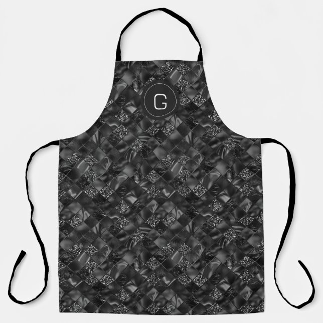 Modern Monogrammed Black Faux Glitter Pattern Apron (Front)