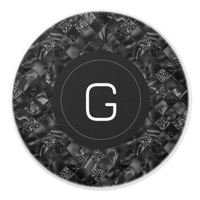 Modern Monogrammed Black Faux Glitter Pattern Ceramic Knob (Front)