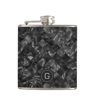 Modern Monogrammed Black Faux Glitter Pattern Hip Flask