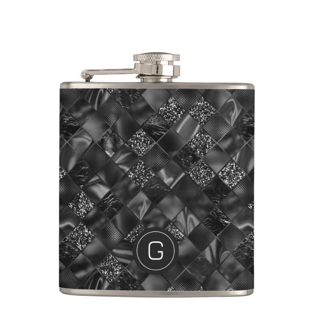 Modern Monogrammed Black Faux Glitter Pattern Hip Flask (Front)
