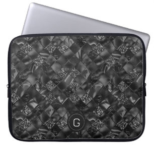 Modern Monogrammed Black Faux Glitter Pattern Laptop Sleeve