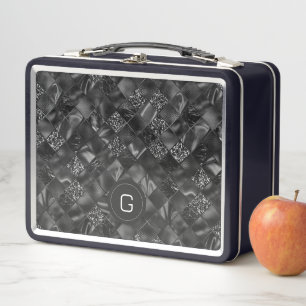 Modern Monogrammed Black Faux Glitter Pattern Metal Lunch Box