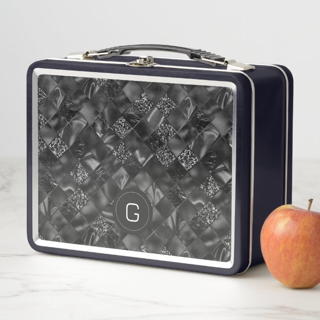 Modern Monogrammed Black Faux Glitter Pattern Metal Lunch Box (In Situ)