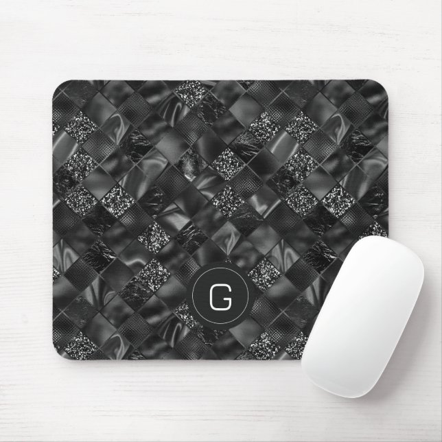 Modern Monogrammed Black Faux Glitter Pattern Mouse Mat (With Mouse)