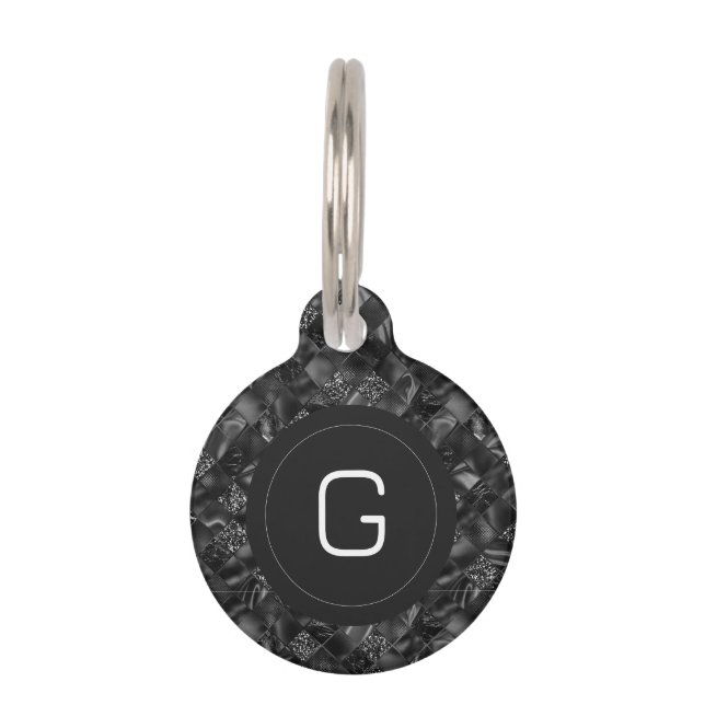 Modern Monogrammed Black Faux Glitter Pattern Pet Tag (Front)