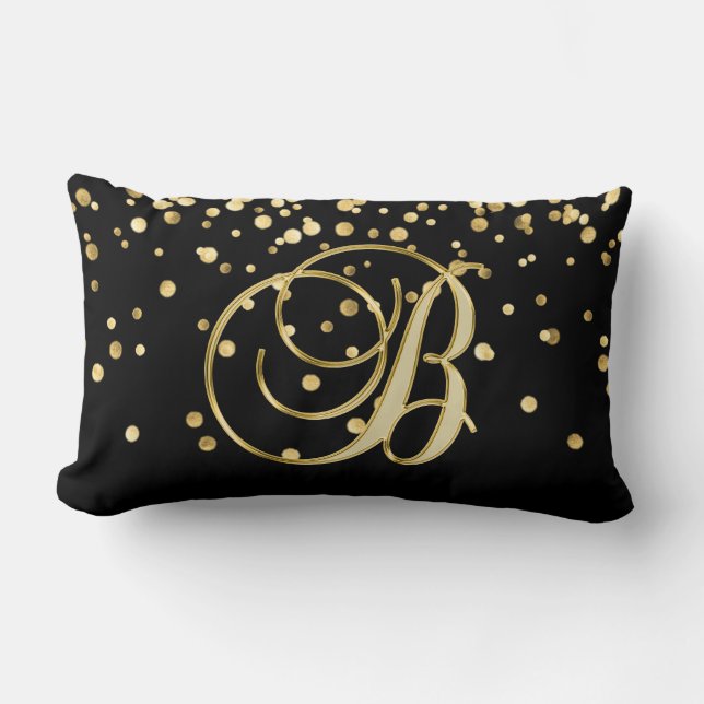 Modern Monogrammed Black Gold Letter 'B' Confetti Lumbar Cushion (Front)