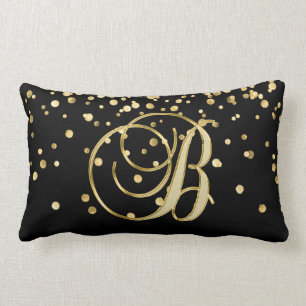 Modern Monogrammed Black Gold Letter 'B' Confetti Lumbar Cushion