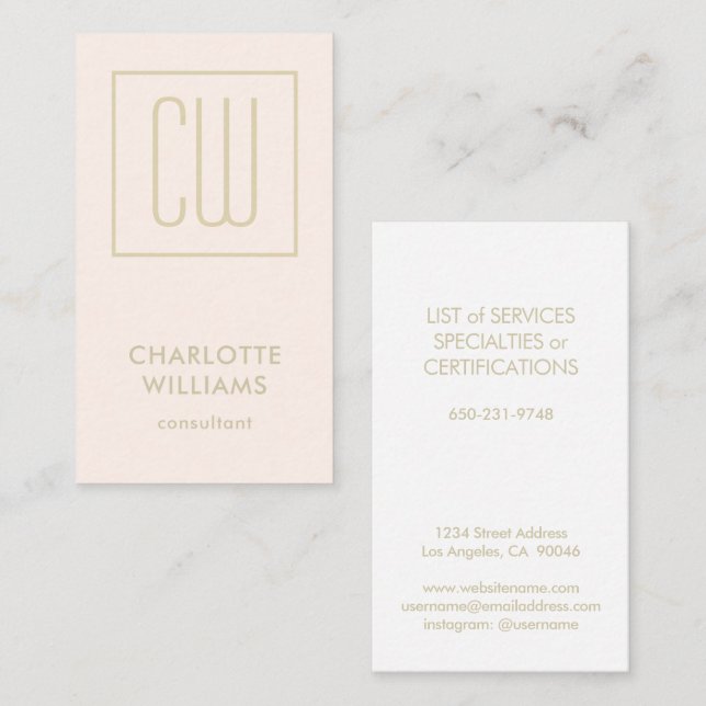 Modern Monogrammed Blush Pink and Gold Vertical Business Card (Front/Back)