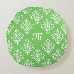 Modern Monogrammed Bright Green Damask Pattern Round Cushion