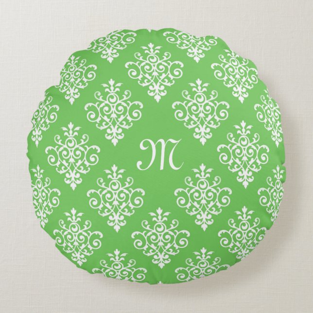 Modern Monogrammed Bright Green Damask Pattern Round Cushion (Front)
