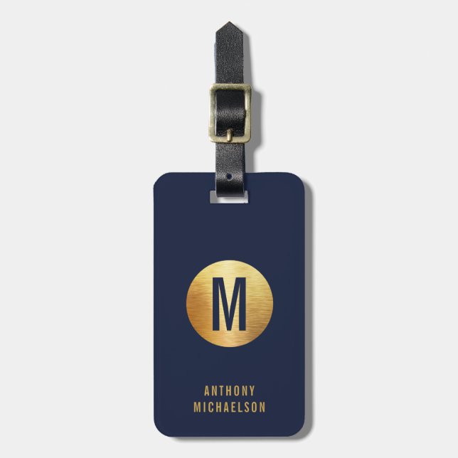 Modern Monogrammed Brushed Metallic Gold Effect Luggage Tag (Front Vertical)