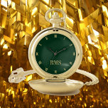 Modern Monogrammed Classic Roman Forest Green Gold Pocket Watch<br><div class="desc">Create your own custom, personalised, stylish classy modern, beautiful elegant faux gold script typography monogrammed, classic, roman numerals, chic, premium alloy, dark forest green and gold pocket watch. Simply type in your name / monogram / initial, to customise. Makes a great gift, for birthday, graduation, fathers day, christmas, holidays, wedding,...</div>