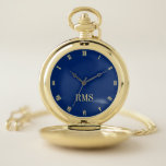 Modern Monogrammed Classic Roman Navy Blue Gold Pocket Watch<br><div class="desc">Create your own custom, personalised, stylish classy modern, beautiful elegant faux gold script typography monogrammed, classic, roman numerals, chic, premium alloy, dark navy blue and gold pocket watch. Simply type in your name / monogram / initial, to customise. Makes a great gift, for birthday, graduation, fathers day, christmas, holidays, wedding,...</div>