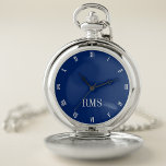 Modern Monogrammed Classic Roman Navy Blue Silver Pocket Watch<br><div class="desc">Create your own custom, personalised, stylish classy modern, beautiful elegant faux silver script typography monogrammed, classic, roman numerals, chic, premium alloy, dark navy blue and silver pocket watch. Simply type in your name / monogram / initial, to customise. Makes a great gift, for birthday, graduation, fathers day, christmas, holidays, wedding,...</div>