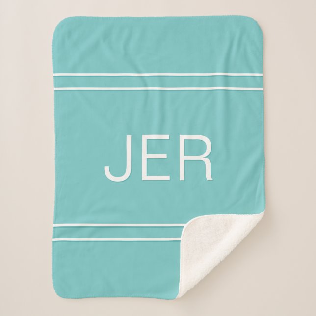Modern Monogrammed Custom Initials Aqua & White Sherpa Blanket (Front)