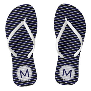 Modern Monogrammed Dark Blue Black Stripes Flip Flops
