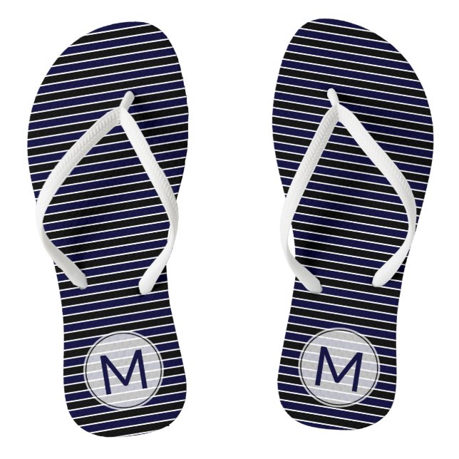 Modern Monogrammed Dark Blue Black Stripes Flip Flops (Footbed)