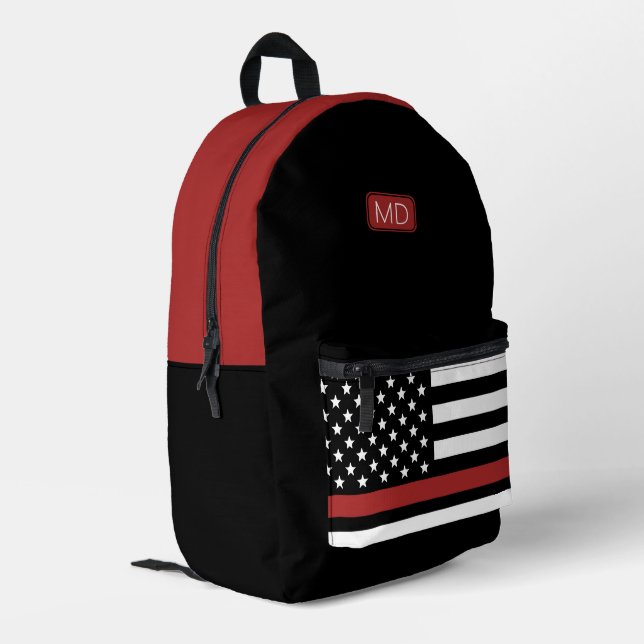 Modern Monogrammed Firefighter Thin Red Line Flag Printed Backpack (Back Corner Left)