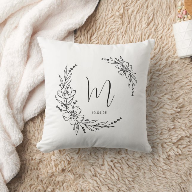Modern Monogrammed Floral Wreath Calligraphy Cushion (Blanket)