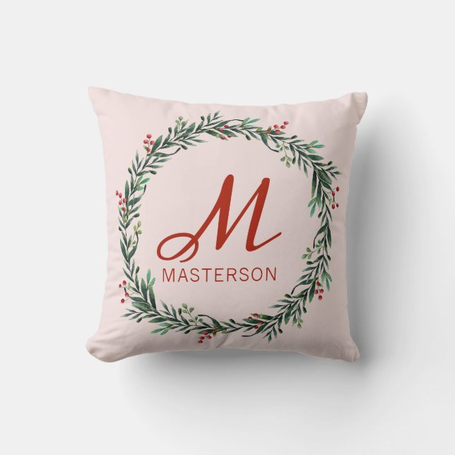 Modern Monogrammed Holly Wreath Christmas Cushion (Front)