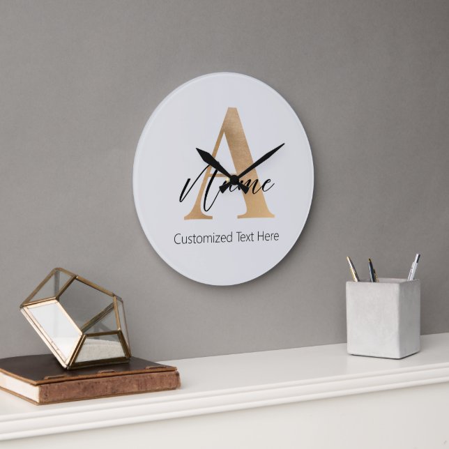Modern Monogrammed Initial A & Name Personalised Large Clock (Office)