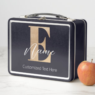 Modern Monogrammed Initial E & Name Personalised Metal Lunch Box