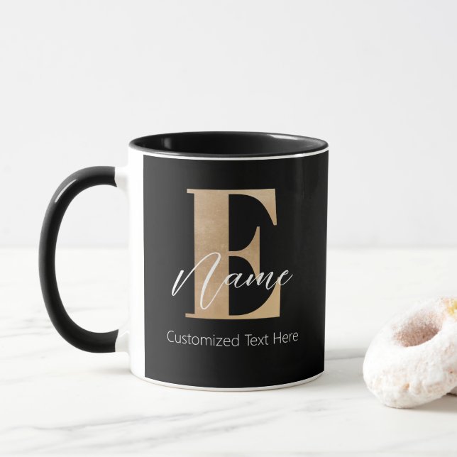 Modern Monogrammed Initial E & Name Personalised Mug (With Donut)