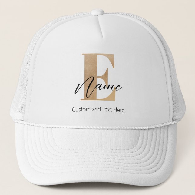 Modern Monogrammed Initial E & Name Personalised Trucker Hat (Front)
