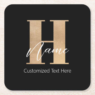 Modern Monogrammed Initial H & Name Personalized Square Paper Coaster