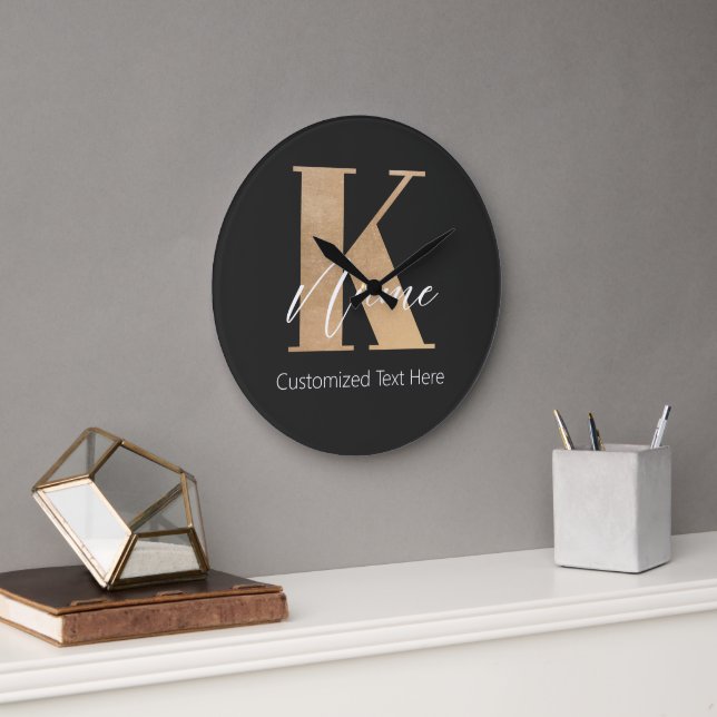 Modern Monogrammed Initial K & Name Personalised Large Clock (Office)