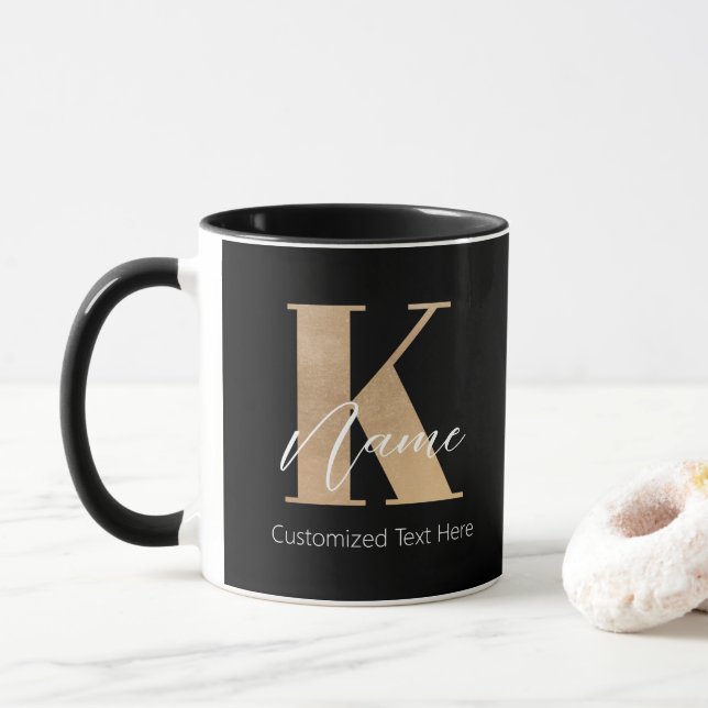 Modern Monogrammed Initial K & Name Personalised Mug (With Donut)