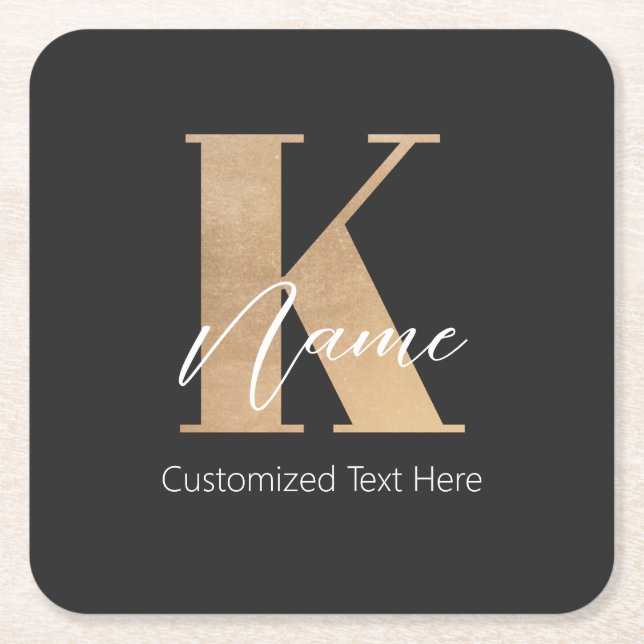 Modern Monogrammed Initial K & Name Personalised Square Paper Coaster (Front)