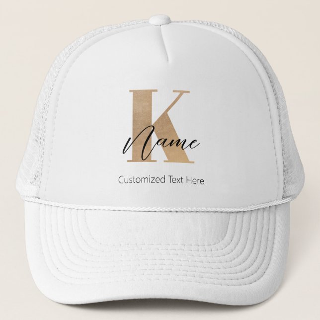 Modern Monogrammed Initial K & Name Personalised Trucker Hat (Front)