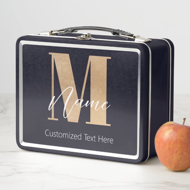 Modern Monogrammed Initial M & Name Personalised Metal Lunch Box (In Situ)
